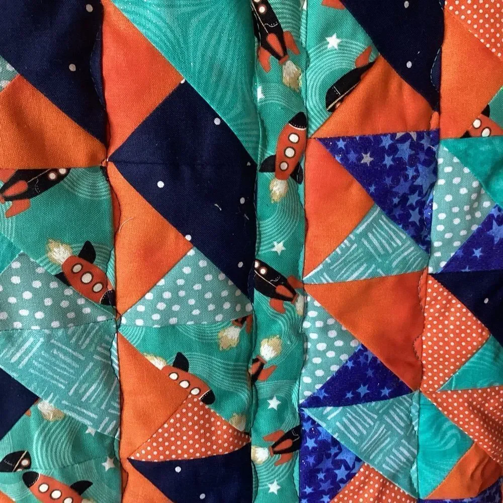NWT. Hand Crafted To The Moon RocketshipColorful Patchwork Quilt w/ Teddy Quilt